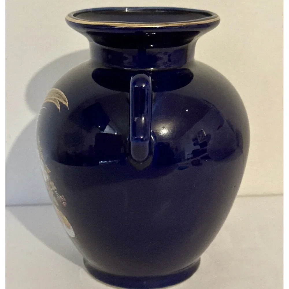 Vintage Japanese Pheasant Cobalt‎ Blue Vase Floral 6.75” Decor Collectible ￼